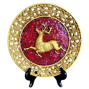 MOSAIC Red/Antique Gold REINDEER & FLEUR-DE-LIS Wall/Easel Art CHRISTMAS Decor